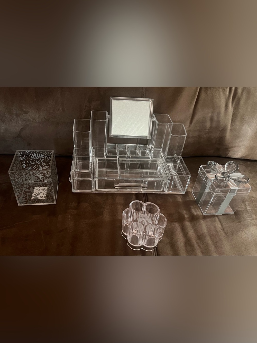 Clear Acrylic Makeup Organizer Set with Mirror+3 pieces Transparent Storage
